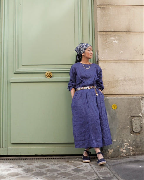 Linen Gather Dress / Khakibeige・Frenchblue